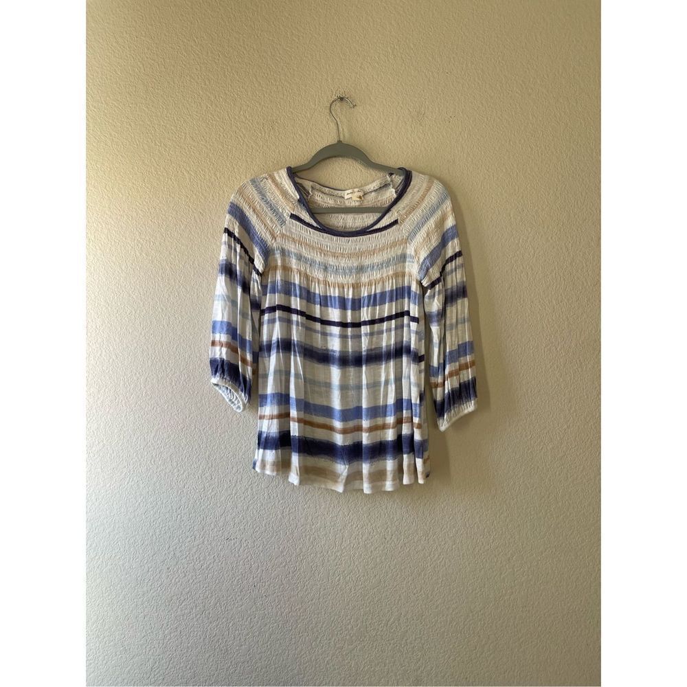 Anthropologie Meadow Rue Smocked Peasant Top with White, Blue and Tan Stripes SM